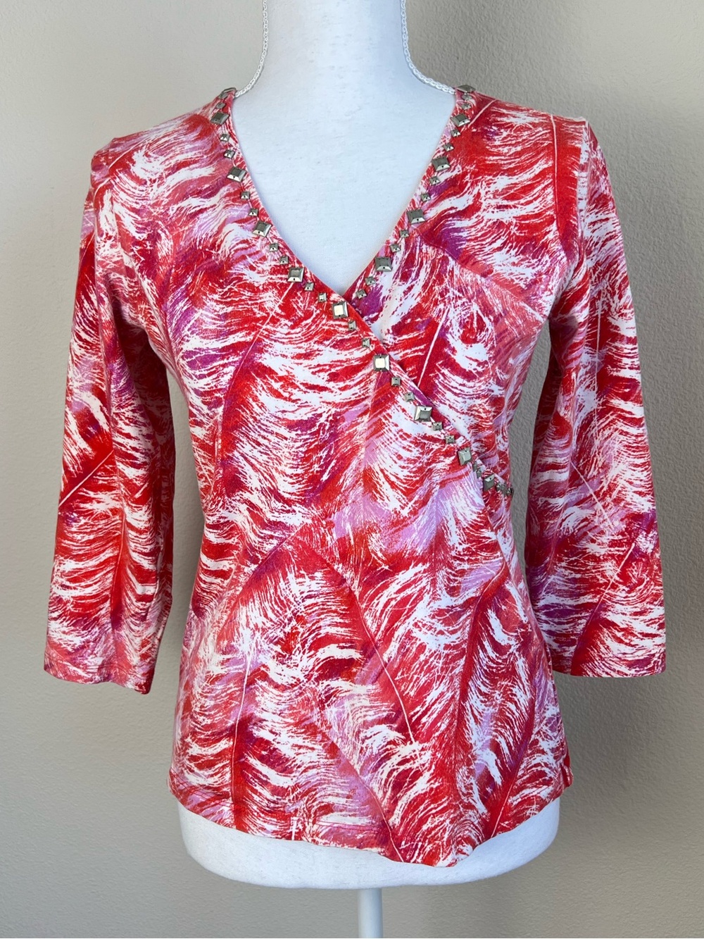 Hearts of Palm‎ Embellished Tropical Abstract Artsy Top Sz S Pink Red Resortwear